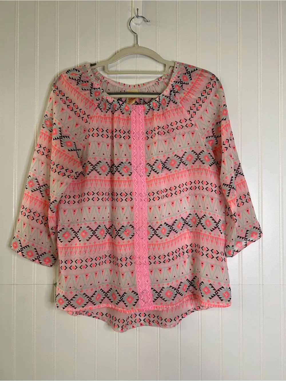 Faded Glory Pink Aztec Lace-Strip Blouse Size XL Girls
